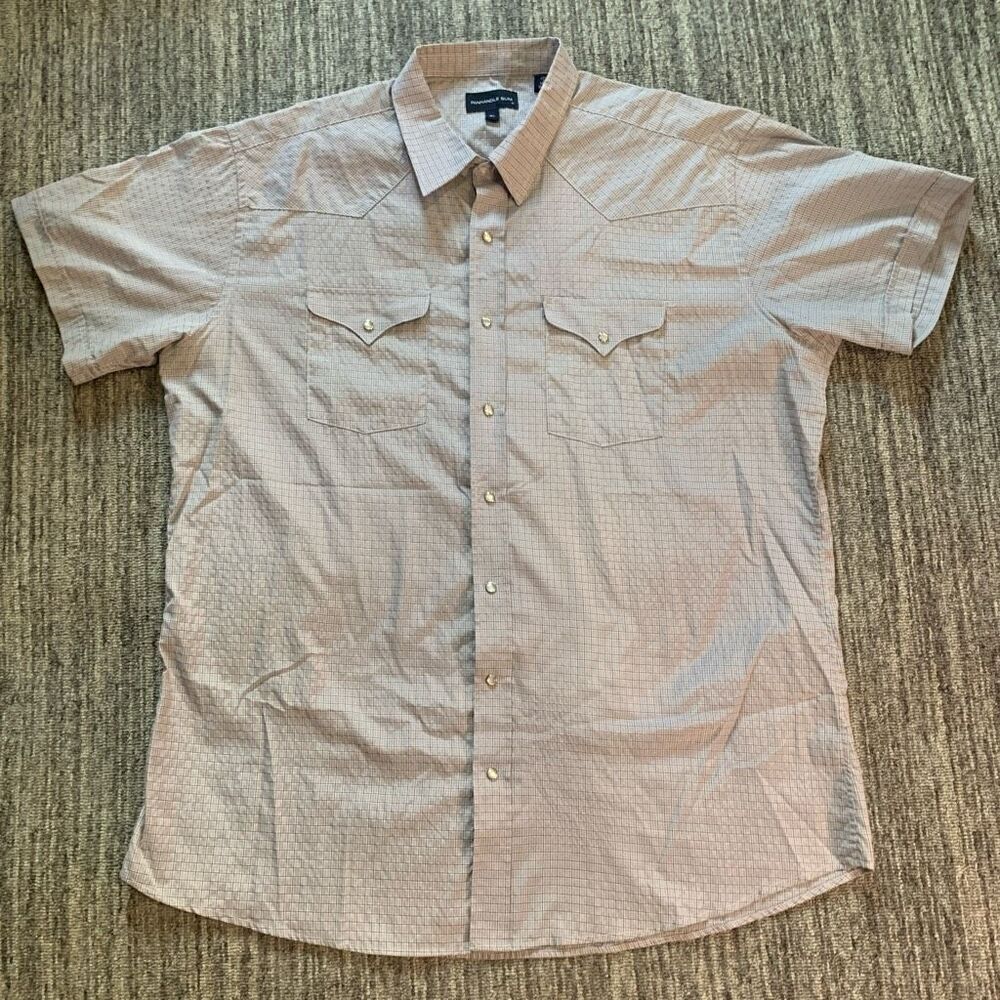 Panhandle Slim Men’s Size 18.5 Button Down Shirt Tan Short Sleeve Plaid